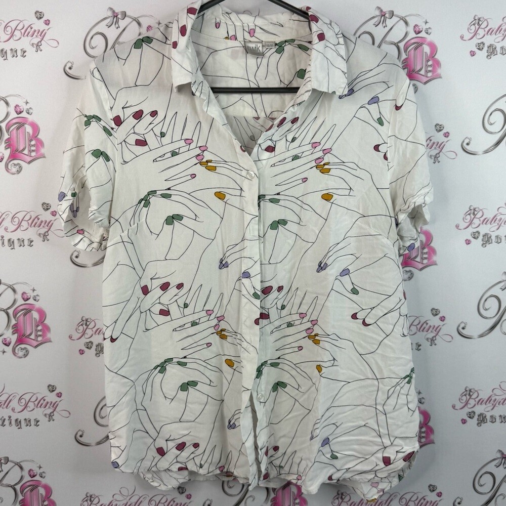Twik T-shirt button up nails rainbow nails done Multicolor Graphic Button-Up Top